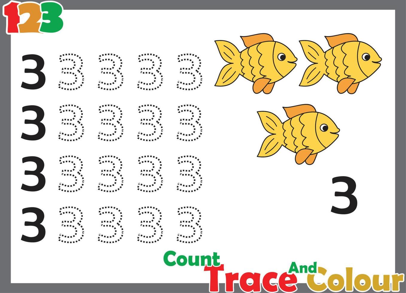 number trace and color  with fish for kids vector