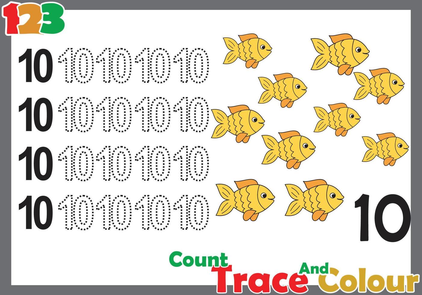 number trace and color  with fish for kids vector