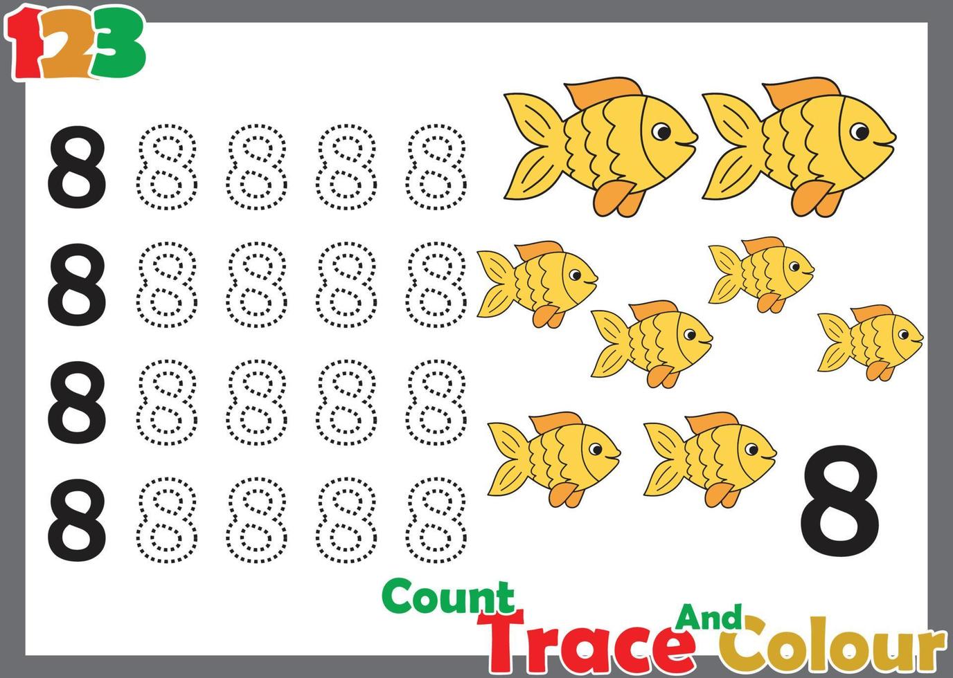 Número de seguimiento y color con peces para niños. vector