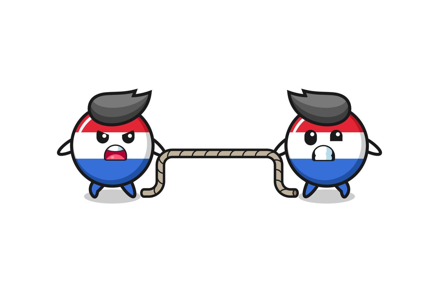 cute netherlands flag character is playing tug of war game vector