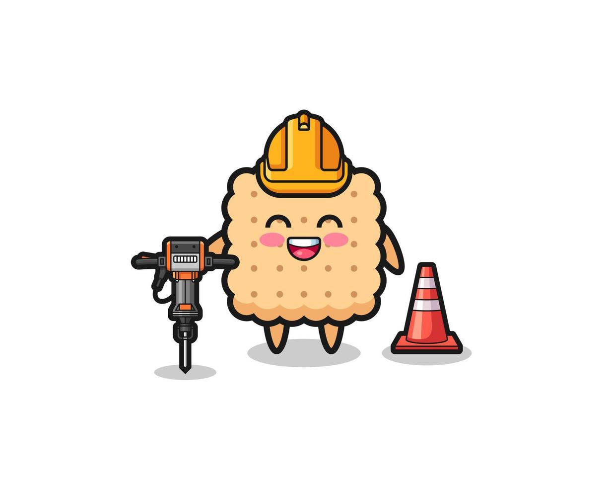 Mascota del trabajador de la carretera de la galleta sosteniendo la máquina perforadora vector