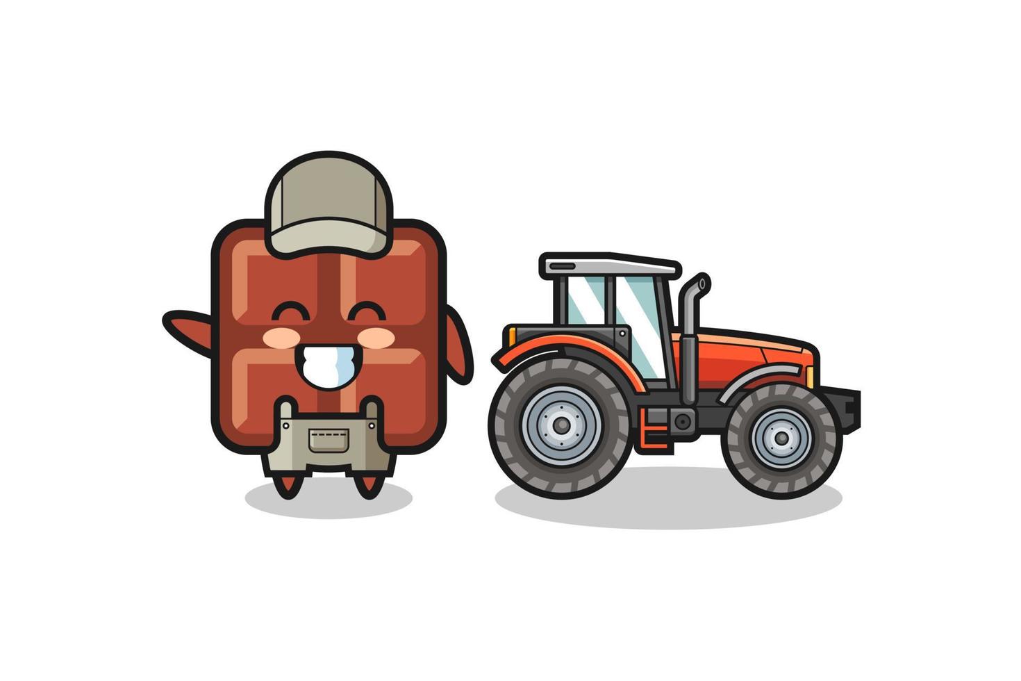 the chocolate bar farmer mascot standing beside a tractor vector