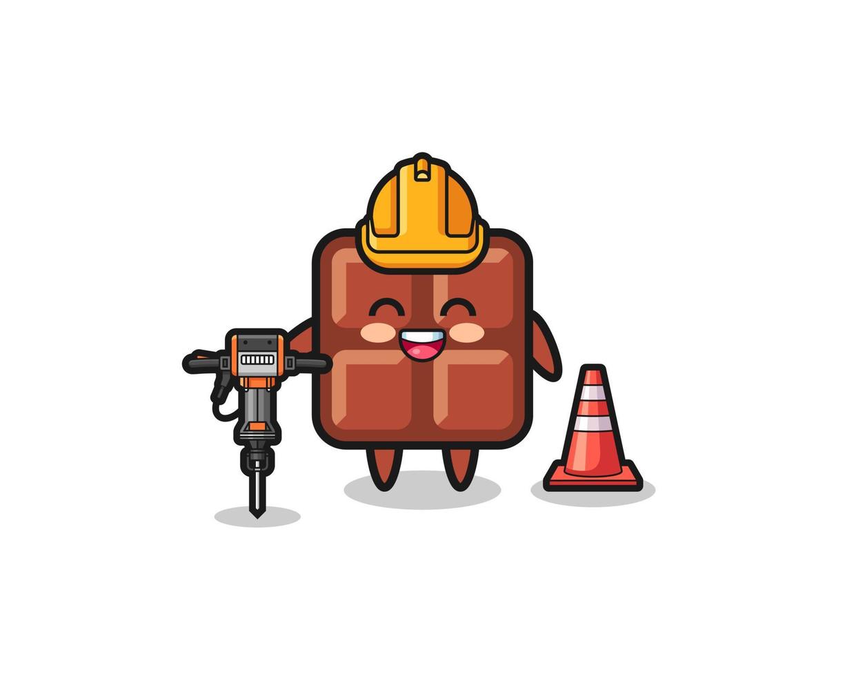 road worker mascot of chocolate bar holding drill machine vector