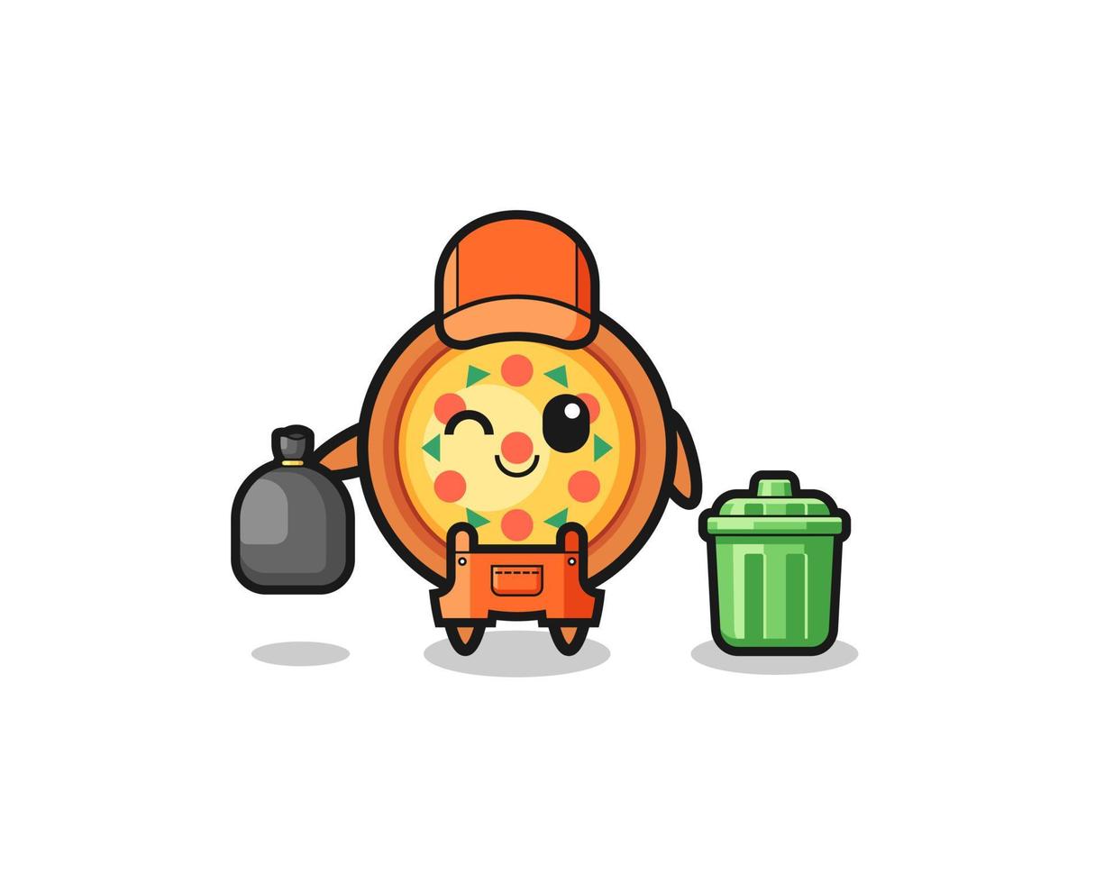 the mascot of cute pizza as garbage collector vector