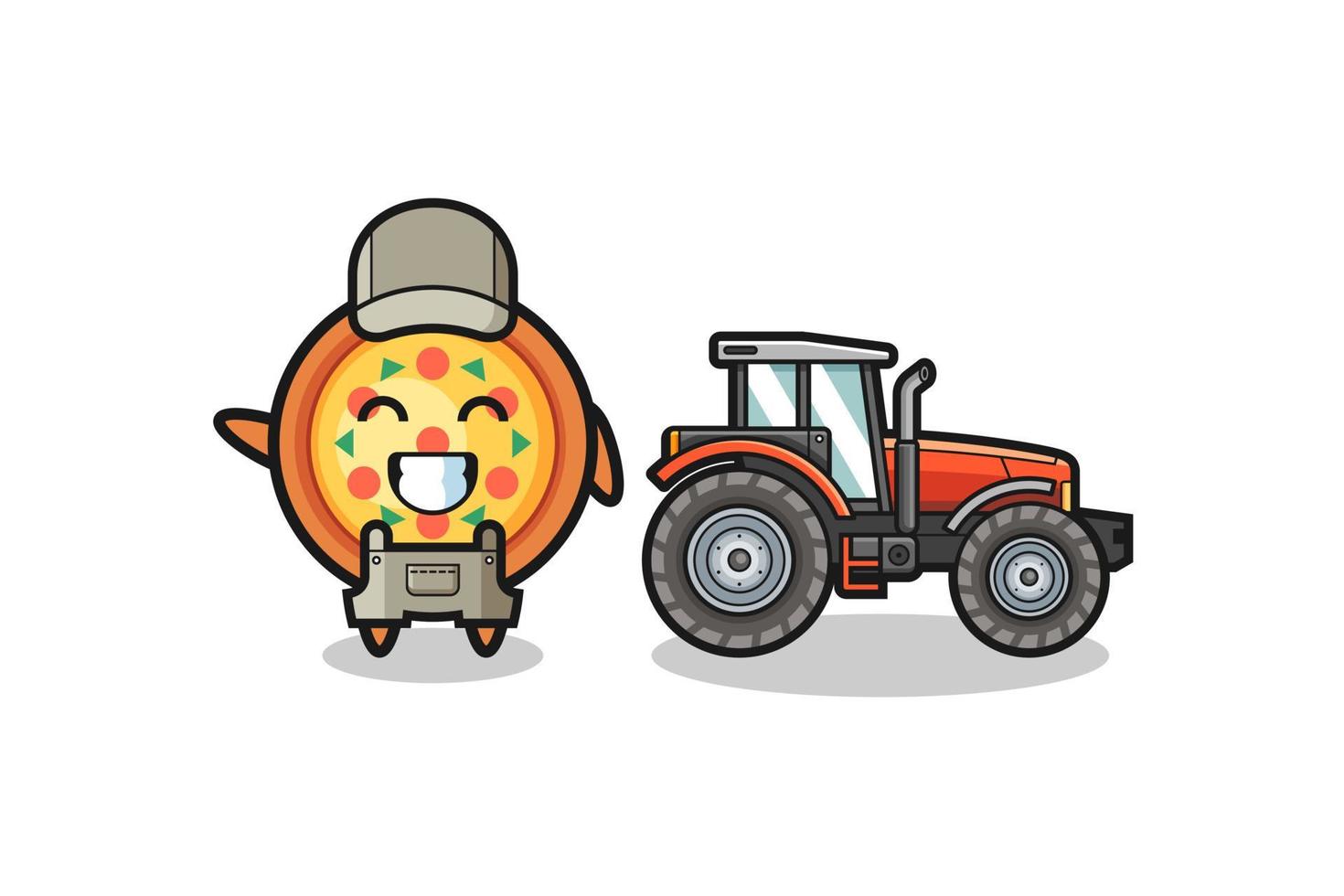 the pizza farmer mascot standing beside a tractor vector