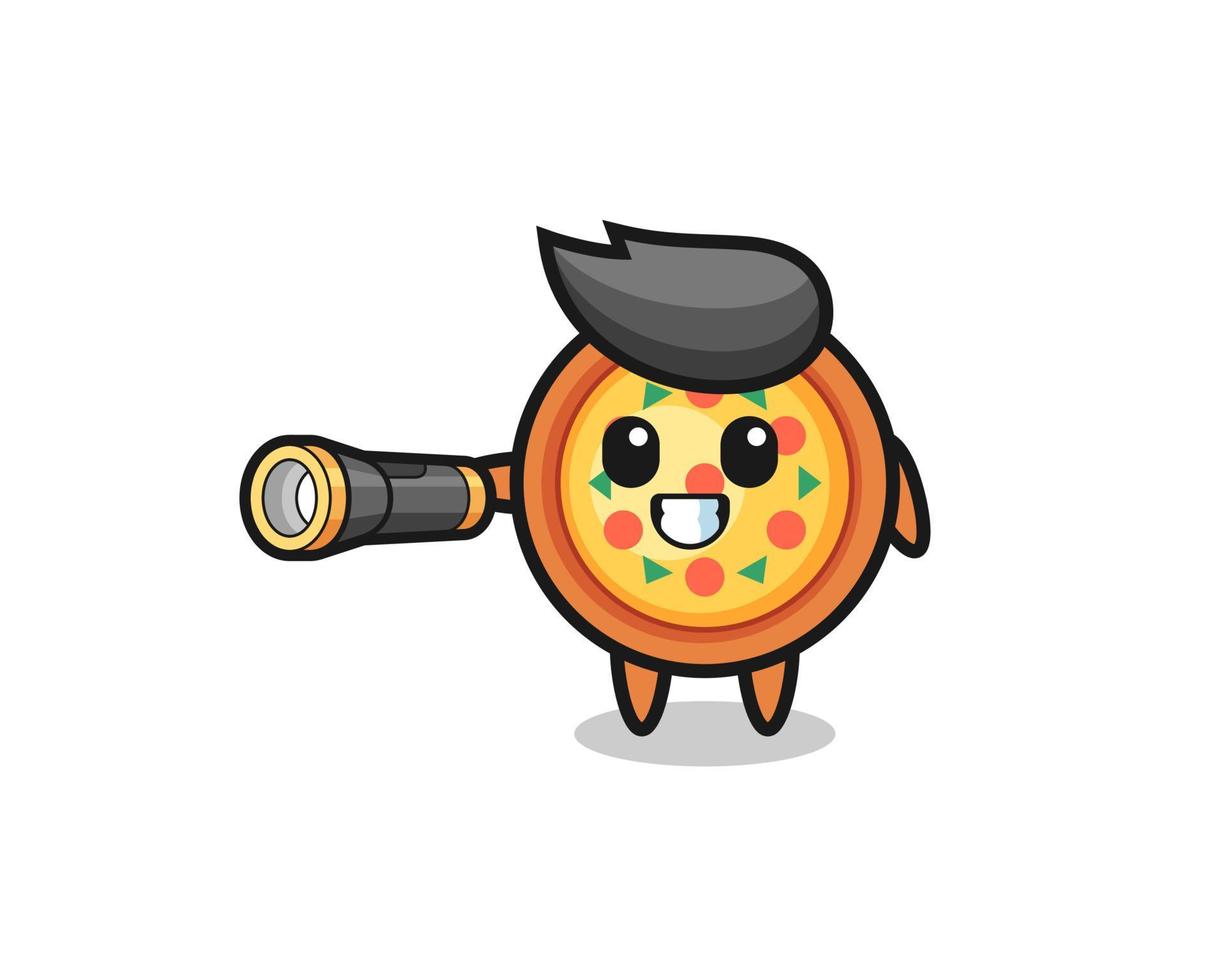 pizza mascot holding flashlight vector