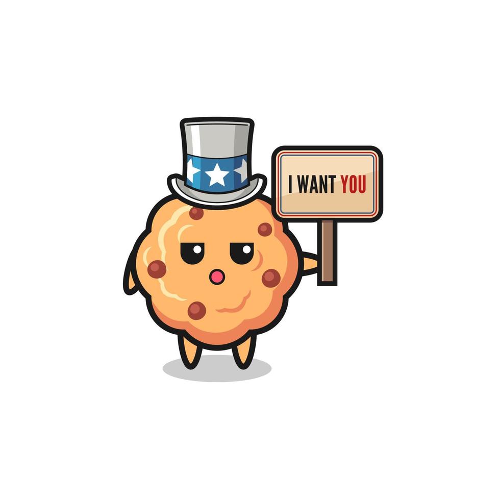 chocolate chip cookie cartoon as uncle Sam holding the banner I want you vector