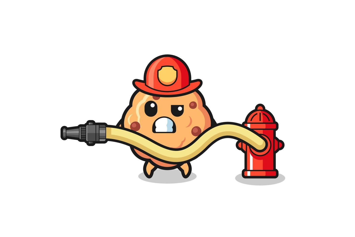 chocolate chip cookie cartoon as firefighter mascot with water hose vector