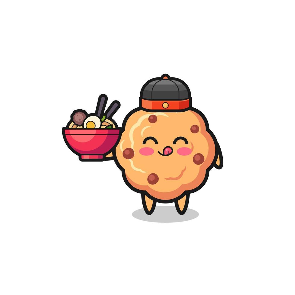 chocolate chip cookie as Chinese chef mascot holding a noodle bowl vector