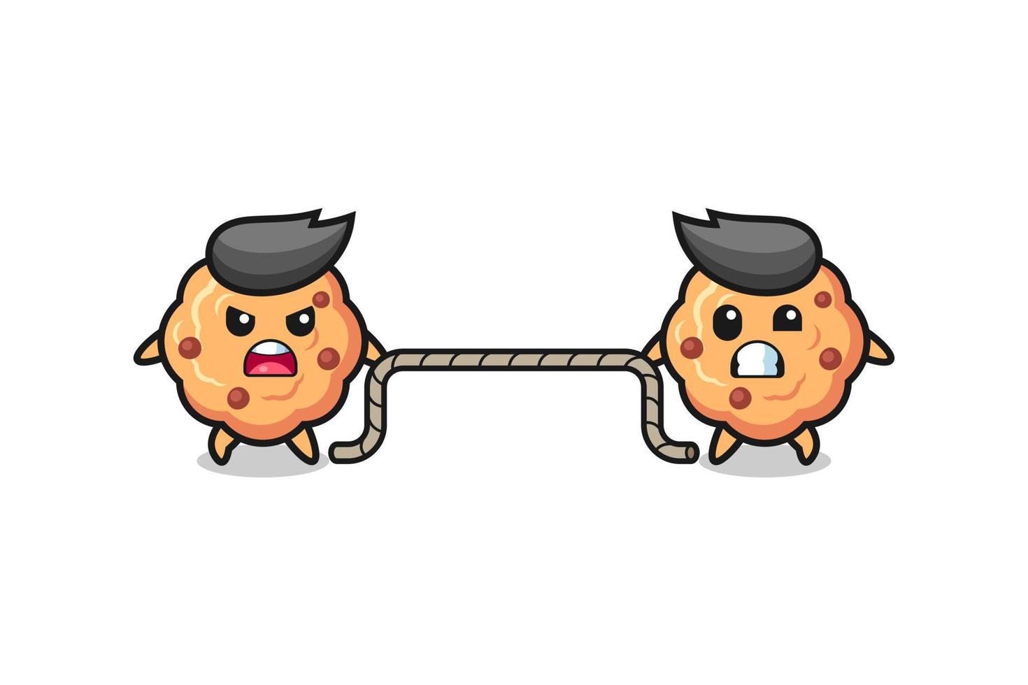 cute chocolate chip cookie character is playing tug of war game vector