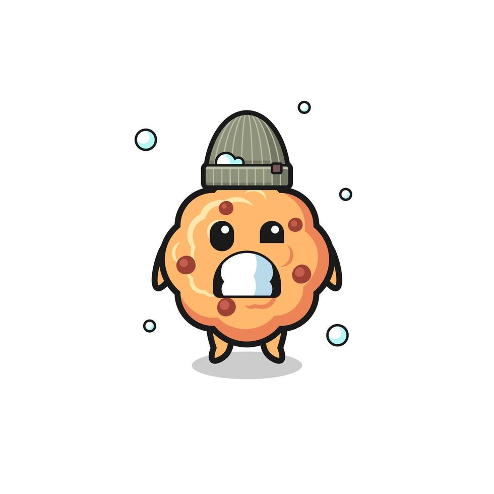 cute cartoon chocolate chip cookie with shivering expression vector