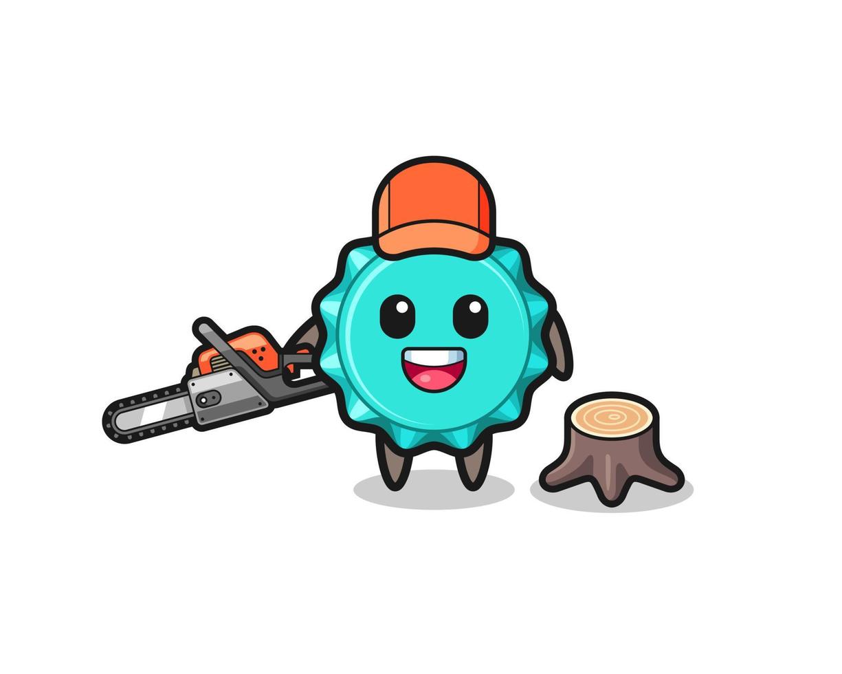 bottle cap lumberjack character holding a chainsaw vector