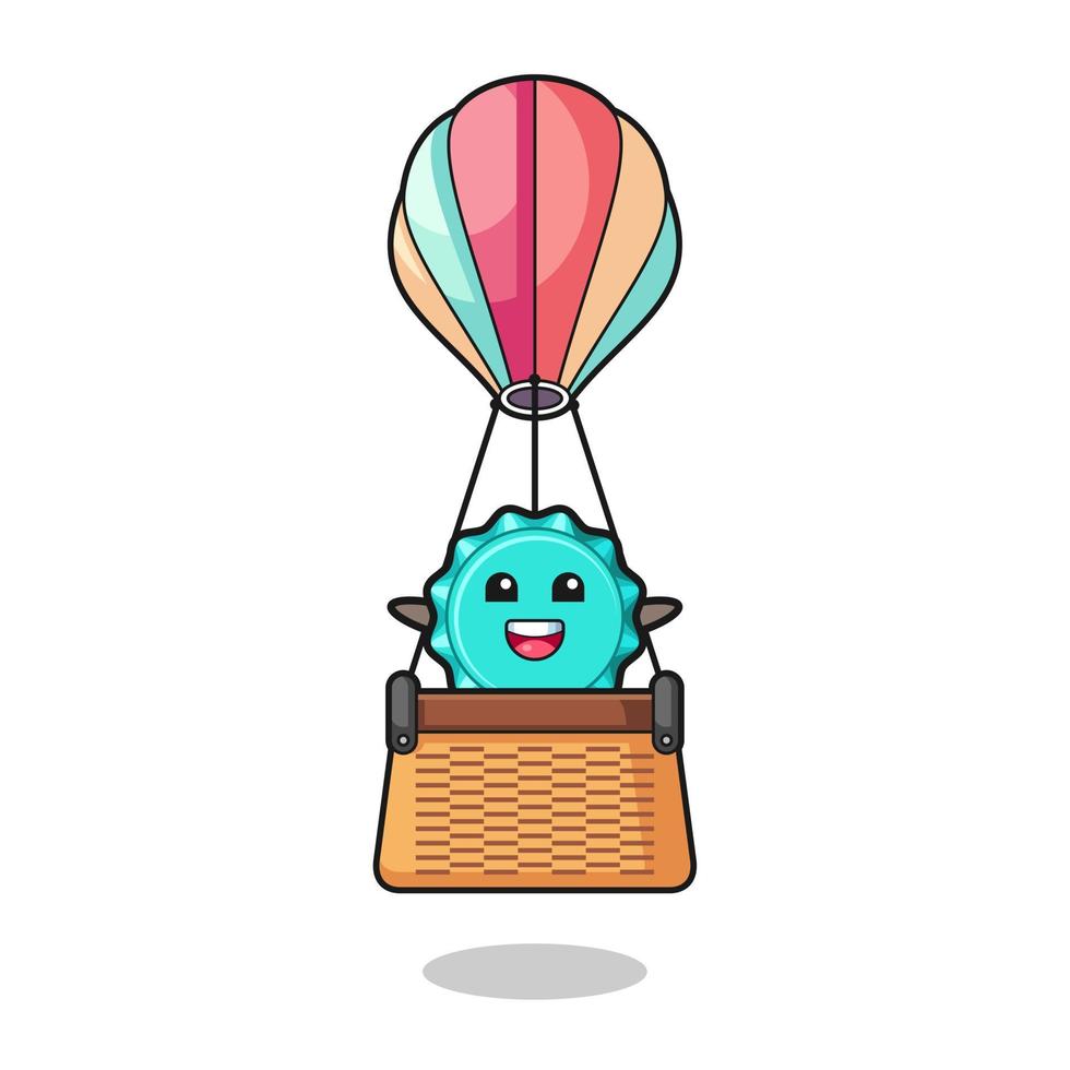 bottle cap mascot riding a hot air balloon vector