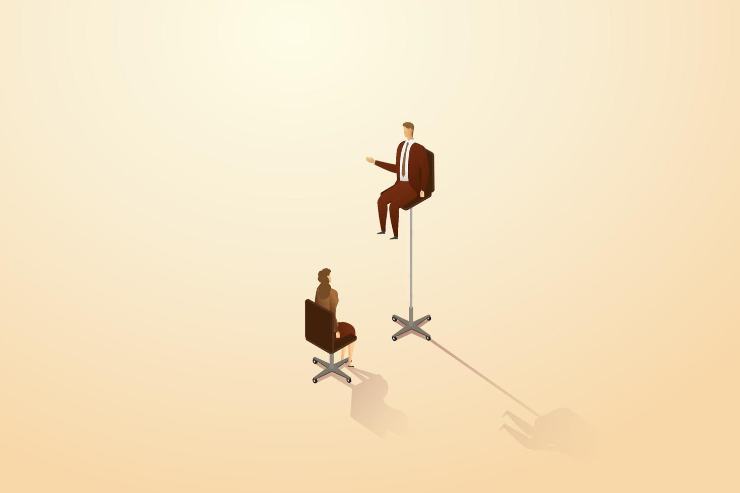 Businessman sits in an office chair high above a normal business woman sitting in a chair. vector