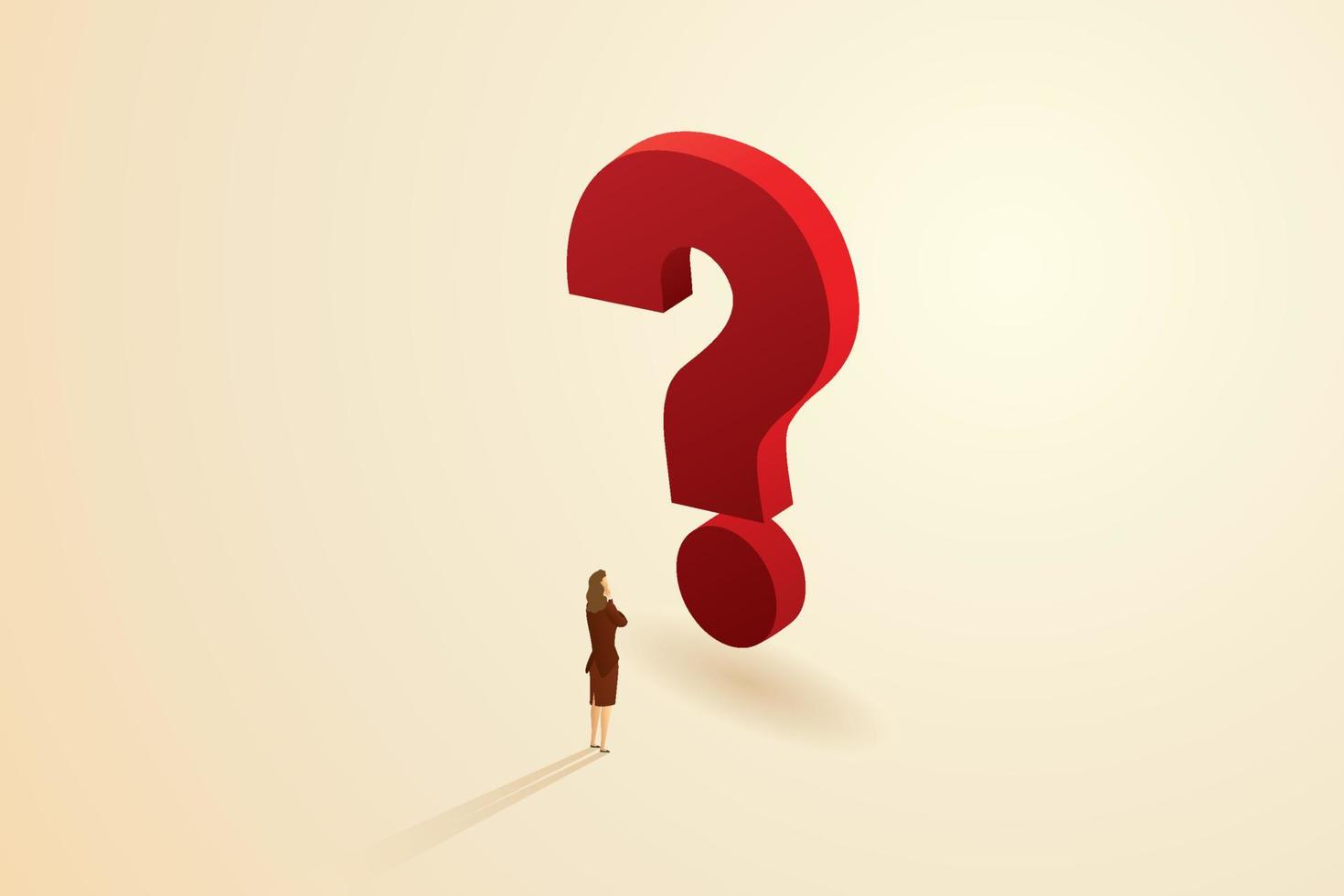 Woman thinking while standing in front of a question mark. vector