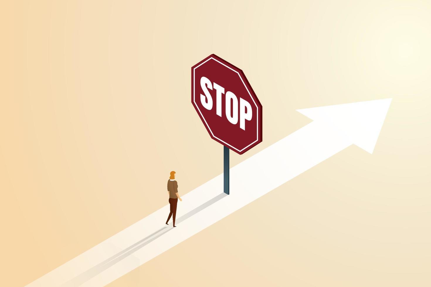 Businesswoman standing in front of a stop sign. vector