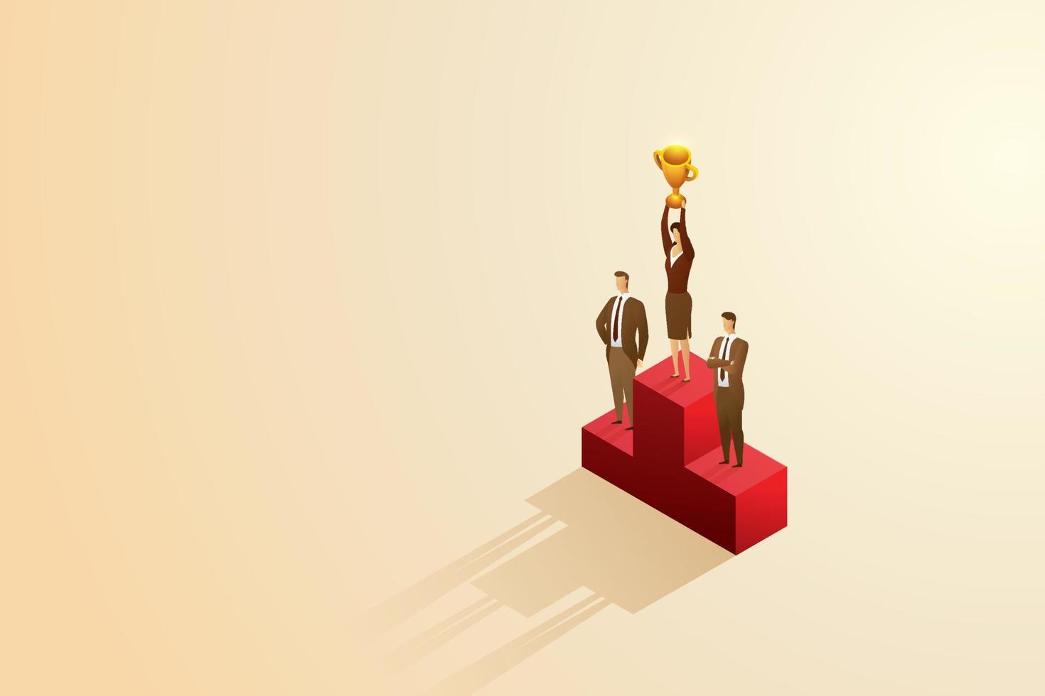 Businesswoman holds a trophy on a podium above a businessman. vector