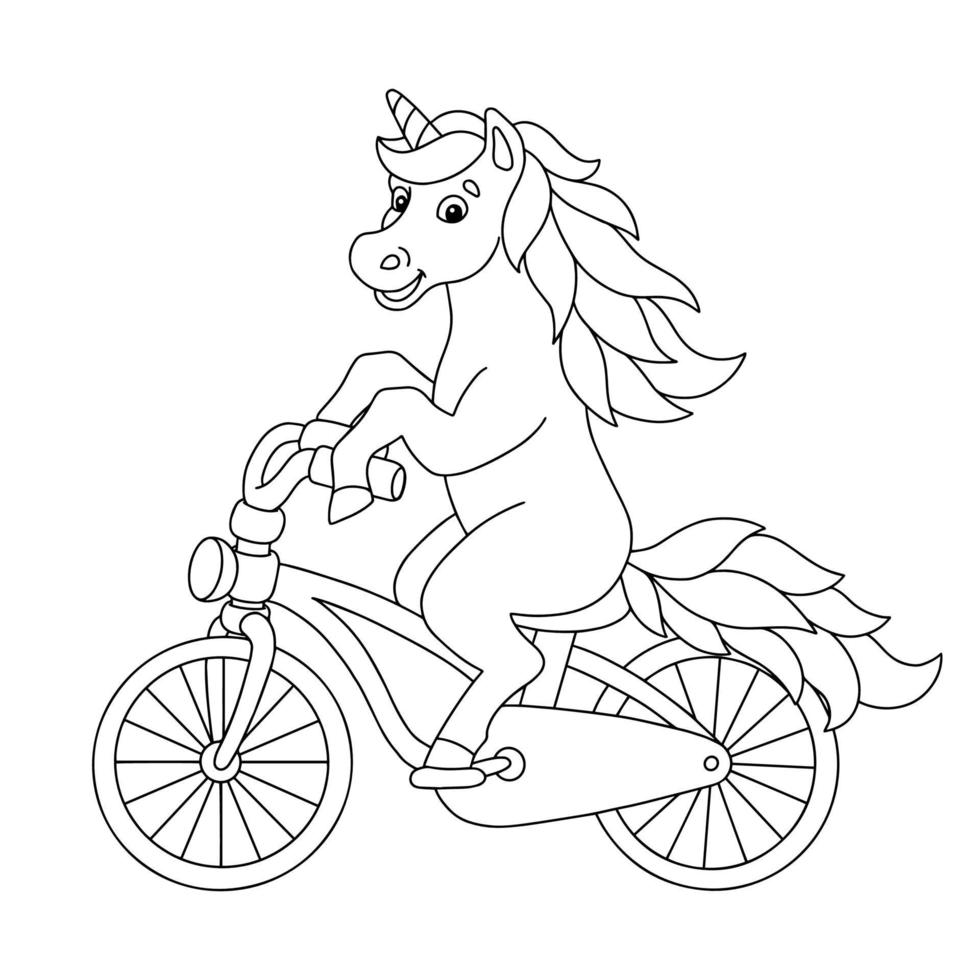 Cheerful unicorn rides a bicycle. Coloring book page for kids. Cartoon style character. Vector illustration isolated on white background.