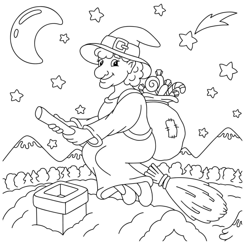 Cute Befana flies on a broomstick with a bag of gifts. Coloring book page for kids. Cartoon style character. Vector illustration isolated on white background.