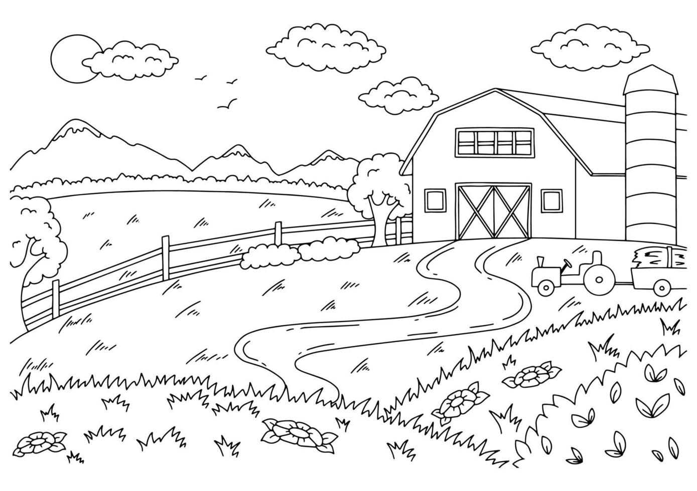 maravilloso paisaje natural en la finca. página de libro para colorear para niños. estilo de dibujos animados. ilustración vectorial aislado sobre fondo blanco. 4233182 Vector en Vecteezy