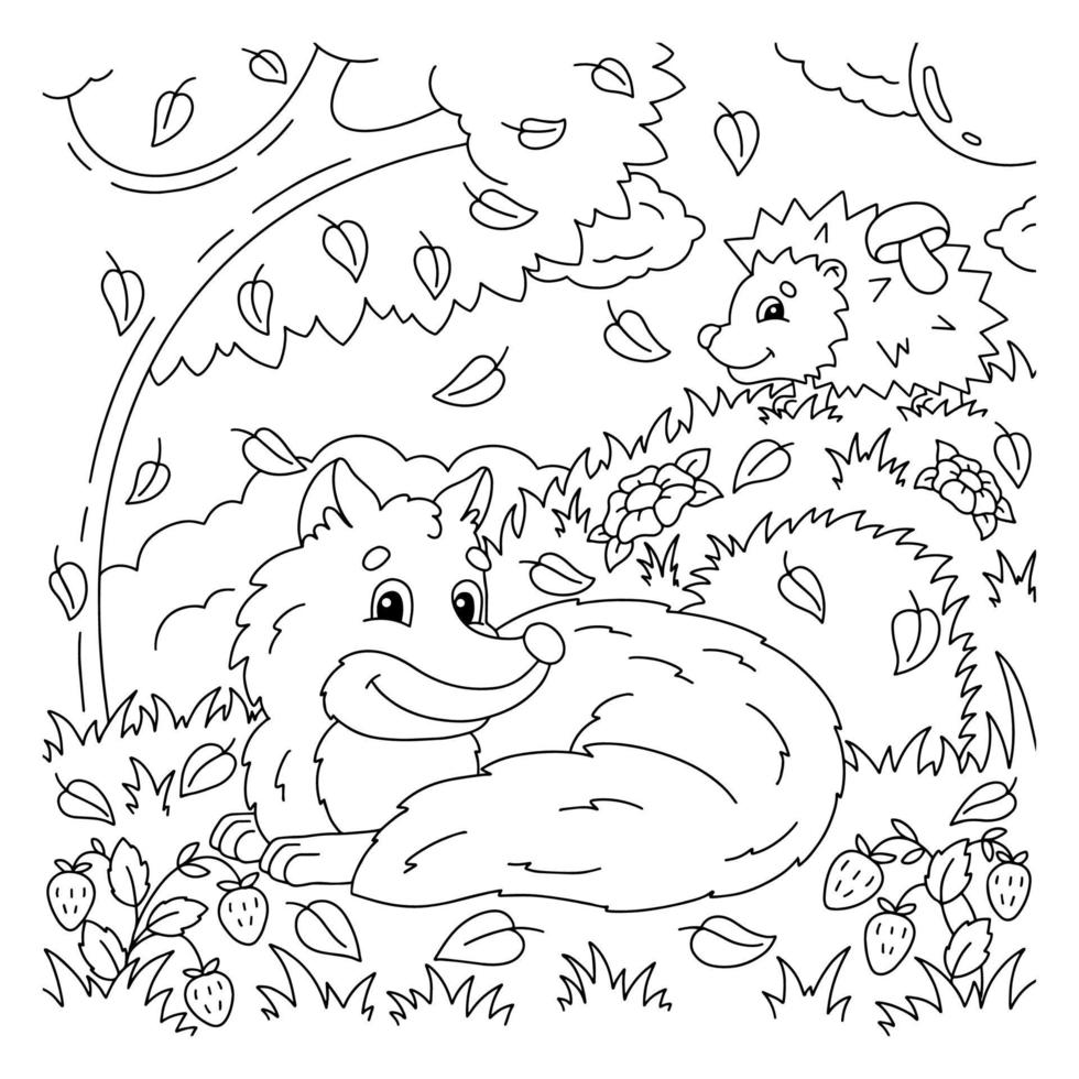 Cute fox in the autumn forest. Coloring book page for kids. Cartoon style character. Vector illustration isolated on white background.