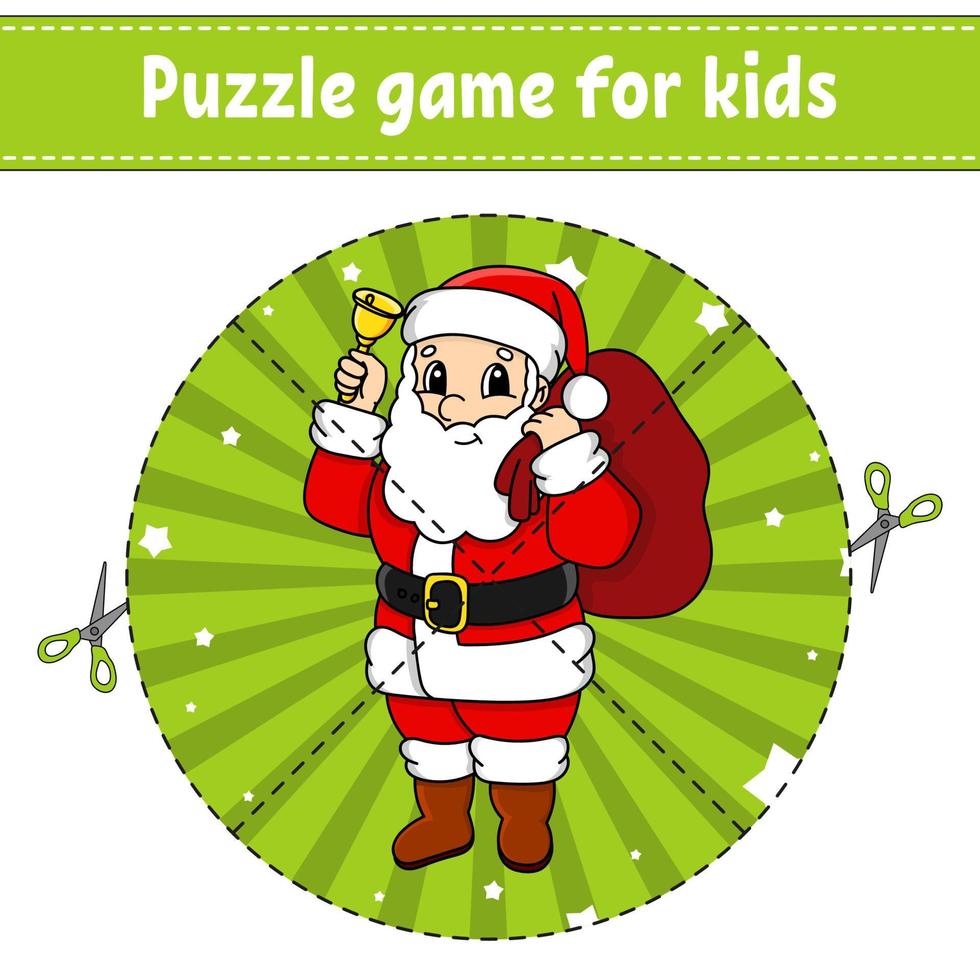 Cut and play. Round puzzle santa claus. Logic puzzle for kids. Activity page. Cutting practice for preschool. cartoon character. Christmas theme. vector