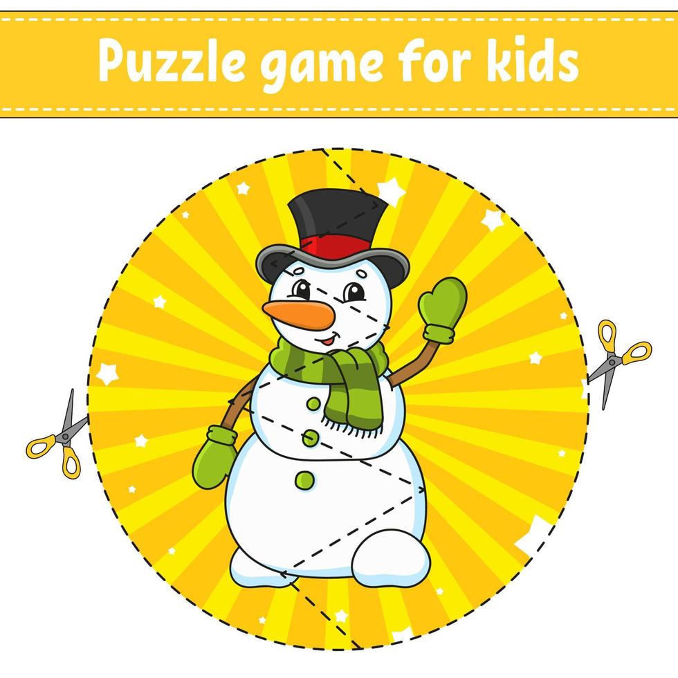 Cut and play. Round puzzle snowman. Logic puzzle for kids. Activity page. Cutting practice for preschool. cartoon character. Christmas theme. vector