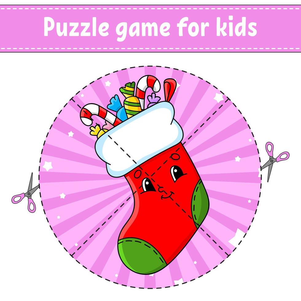 Cut and play. Round puzzle sock. Logic puzzle for kids. Activity page. Cutting practice for preschool. cartoon character. Christmas theme. vector