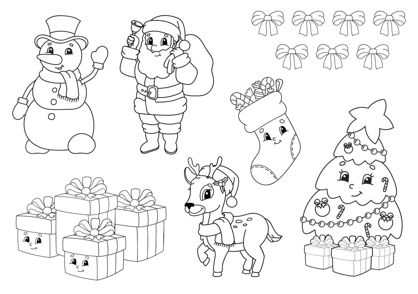 Coloring book for kids. Christmas theme. Cheerful characters. Vector illustration. Cute cartoon style. Black contour silhouette. Isolated on white background.