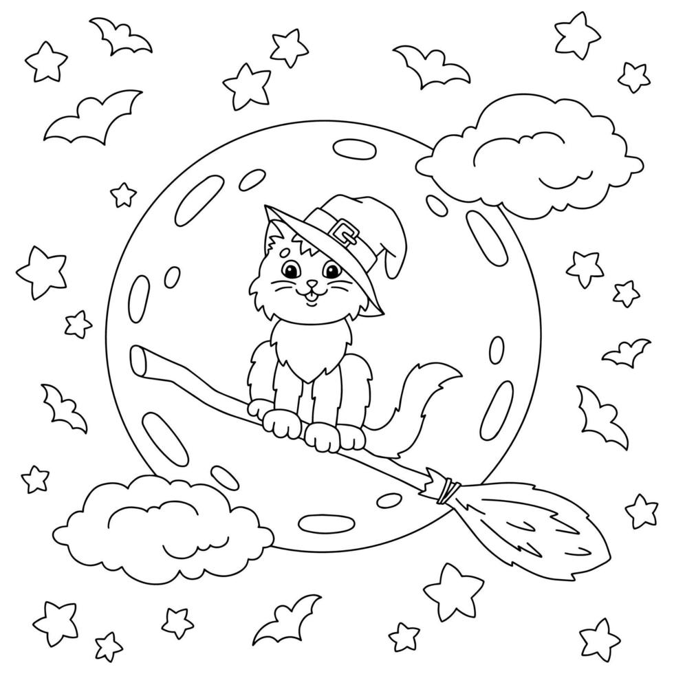 A cat in a witch hat flies on a broomstick. Coloring book page for kids. Cartoon style character. Vector illustration isolated on white background.