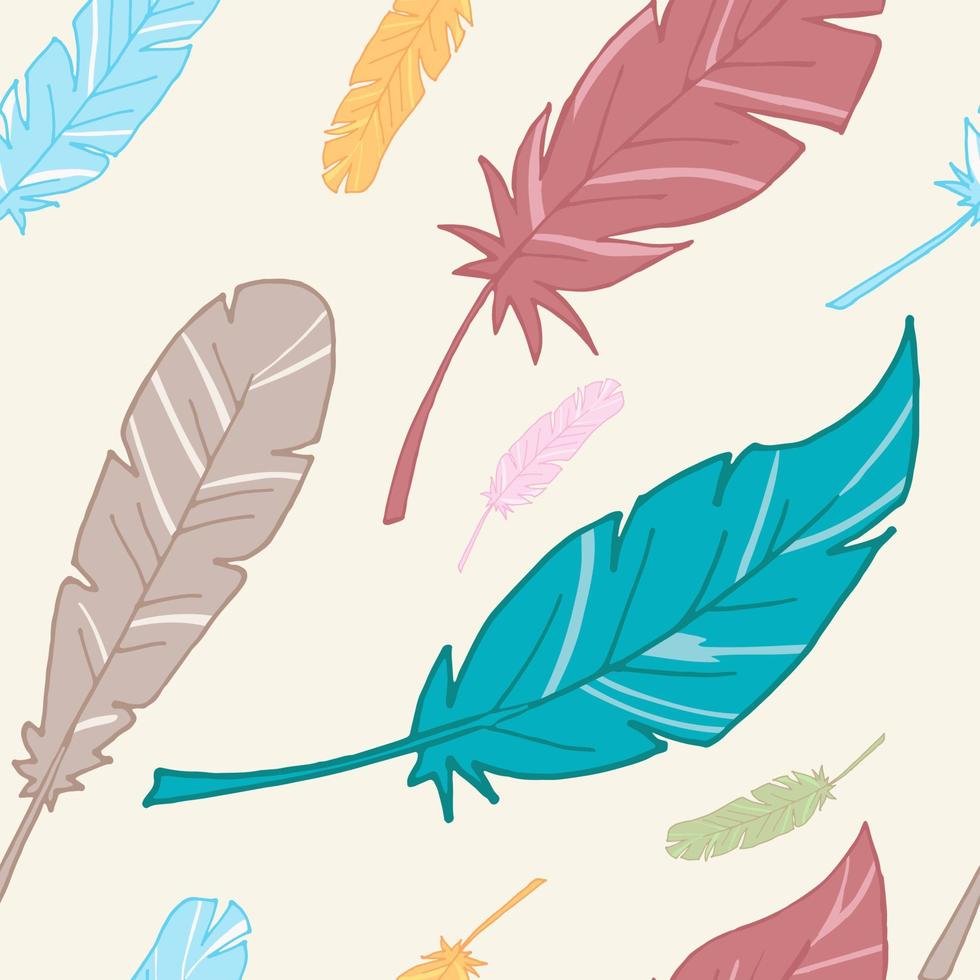 Seamless background with colored feathers. The pattern is seamless and multicolored. Vector illustration. Hand-drawn. Lots of feathers. Stock vector illustration.