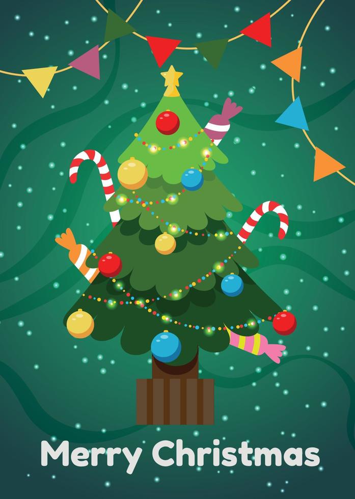 Tarjeta navideña con árbol de navidad y adornos para el año nuevo. vector