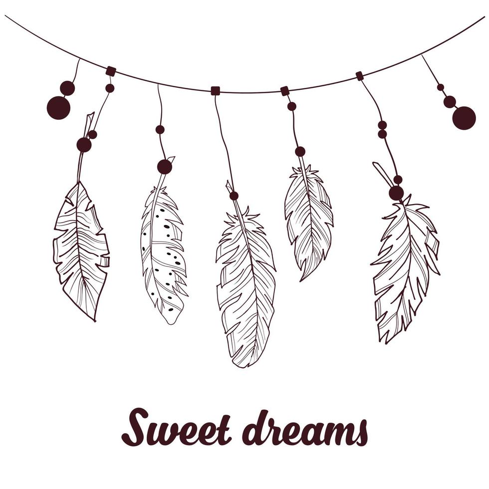 tarjeta de felicitación de vector. dulces sueños. plumas contorneadas en una cuerda. ilustración vectorial. vector stock.