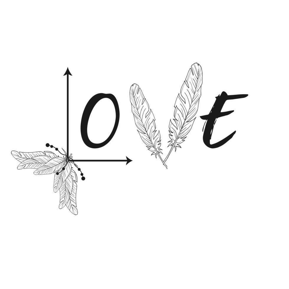 Original inscription made of feathers. Vector image. Love. Beads. Arrows. Isolated object on a white background.