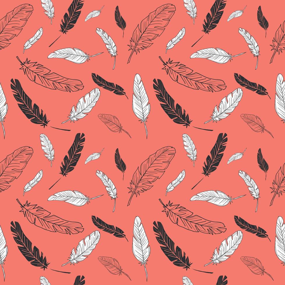 Seamless vector background with different feathers. Stock vector. Orange background.