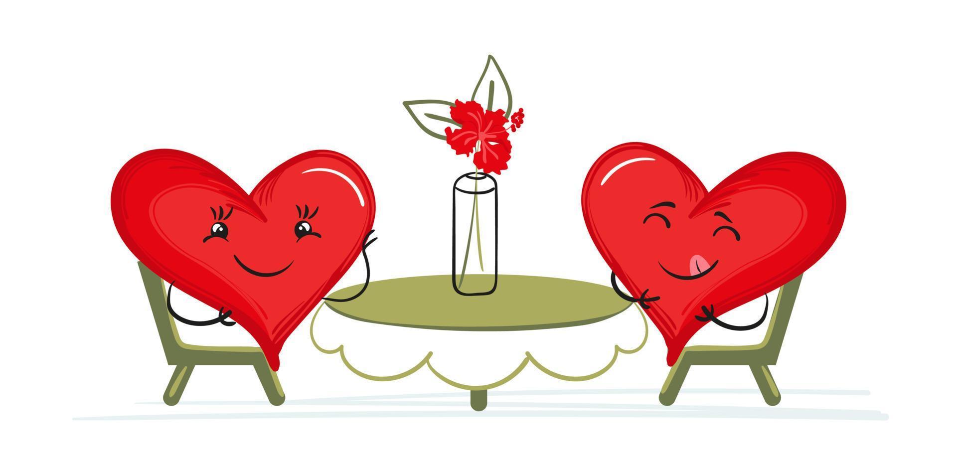 Cute cartoon heart characters at the table on a date. Isolated vector illustration for Valentine's day greeting card or decoration