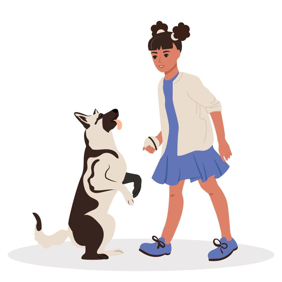 Child girl playing with her dog shepherd. Childhood with pets. Flat isolated vector illustration