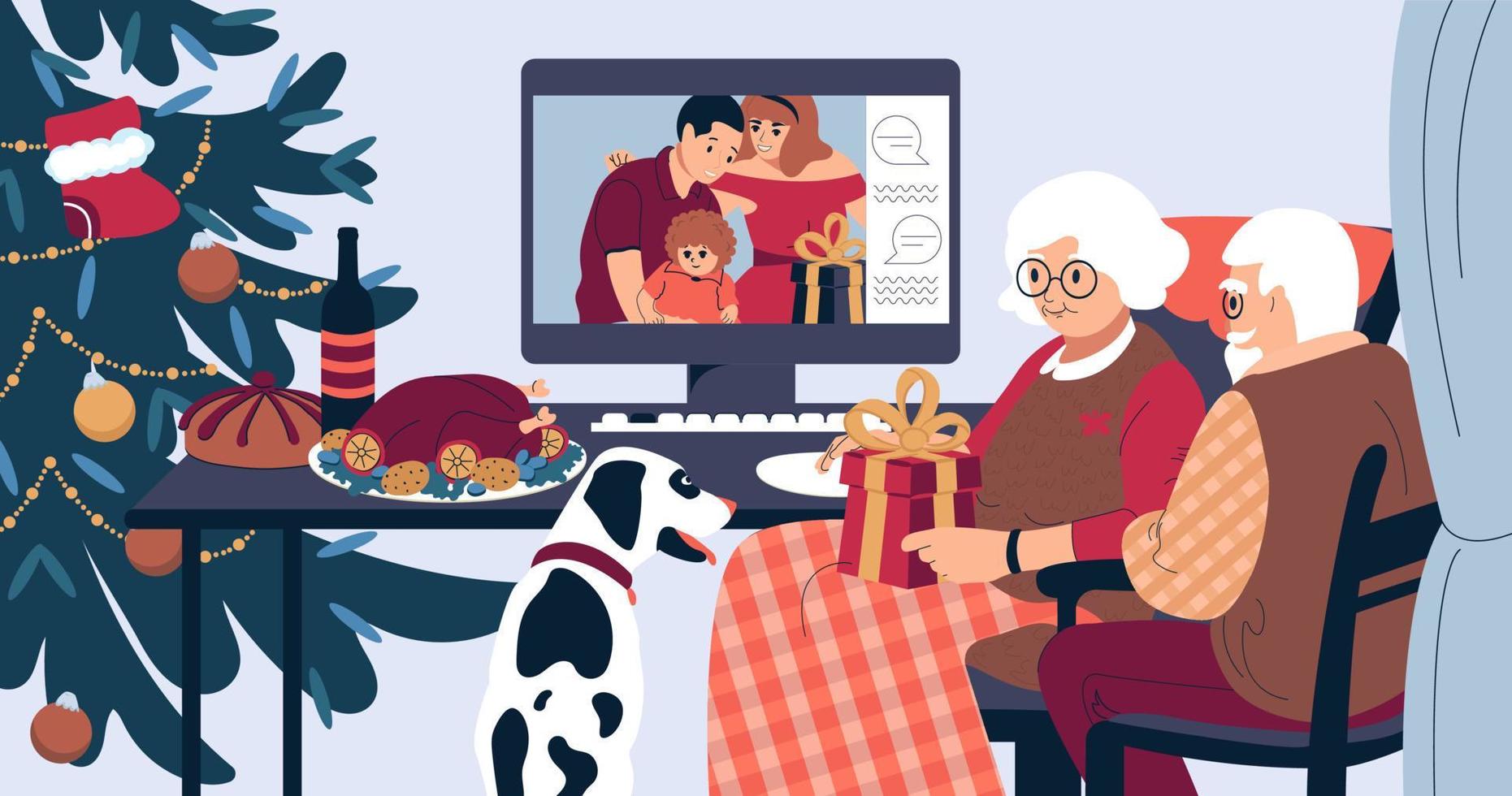 cena navideña familiar en línea. los ancianos hablan con los jóvenes en un monitor de computadora. ilustración vectorial plana. vector
