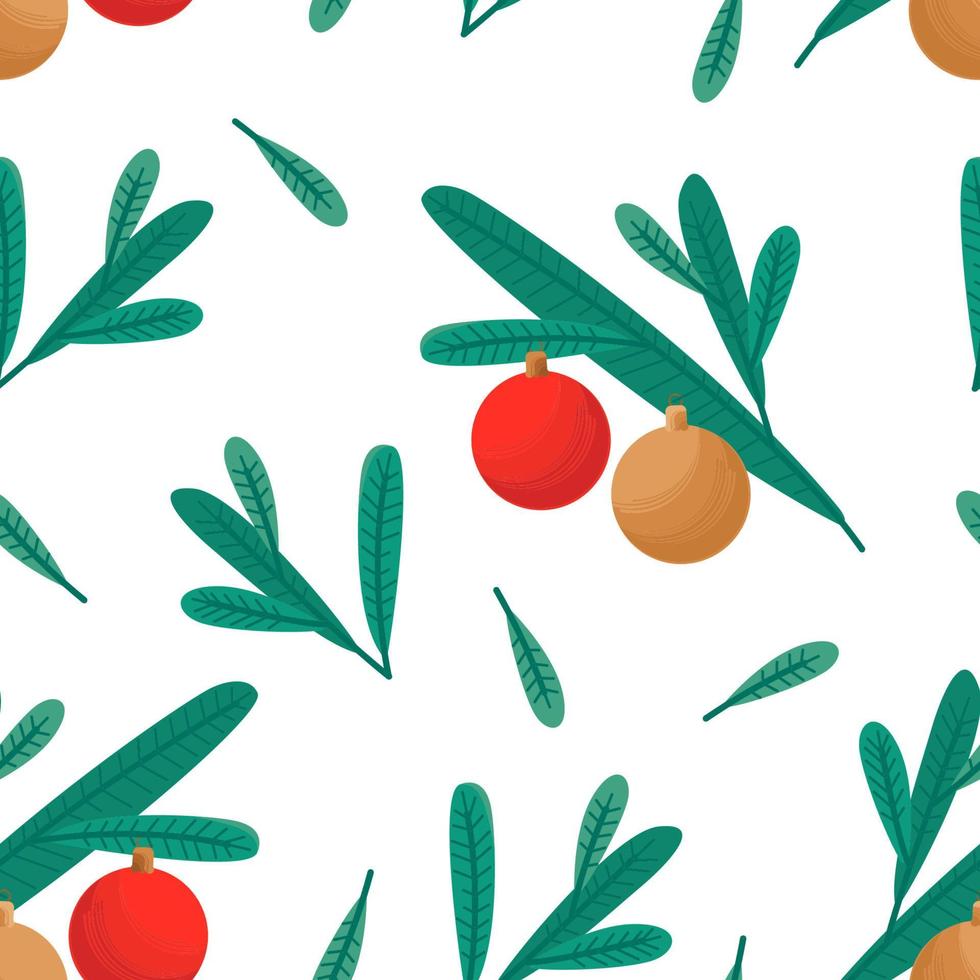 Seamless pattern with fir branches and glass balls. Festive background for wrapping paper vector