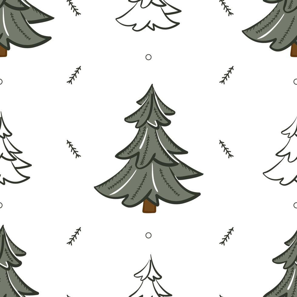 Seamless pattern with green Christmas tree and decorative geometric elements. Flat vector holiday background for wrapping paper