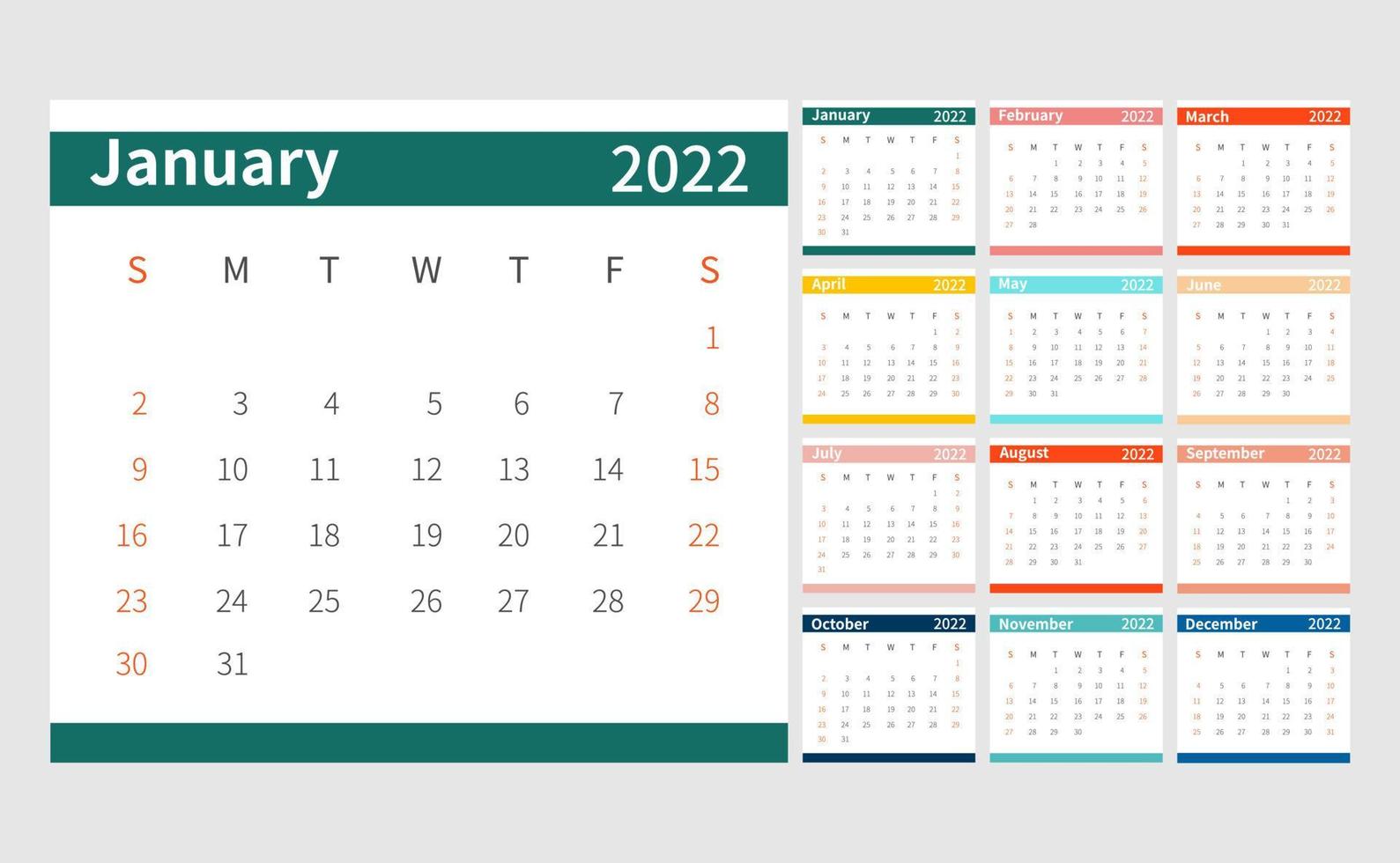 Calendar 2022 template. 2022 calendar planner template set. Week starts on sunday. Vector illustration.