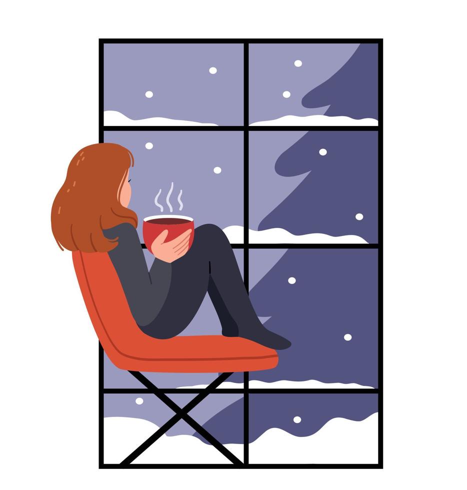 The girl is sitting in a chair, holding tea, coffee or cocoa and looking out the panoramic window. Snow outside. Winter mood. vector