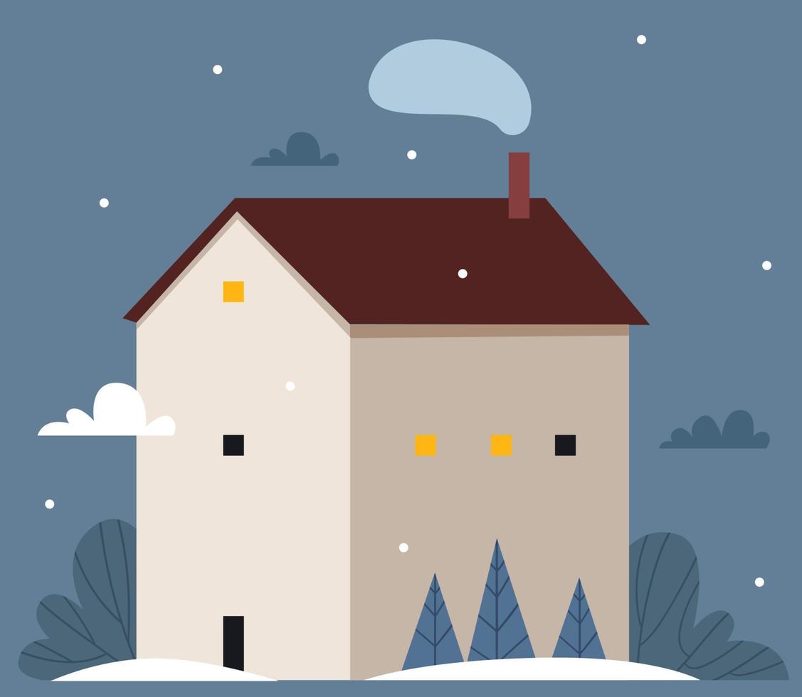 una casa alta y hermosa con pequeñas ventanas en un paisaje nevado. paisaje de invierno. comodidad de año nuevo. vector