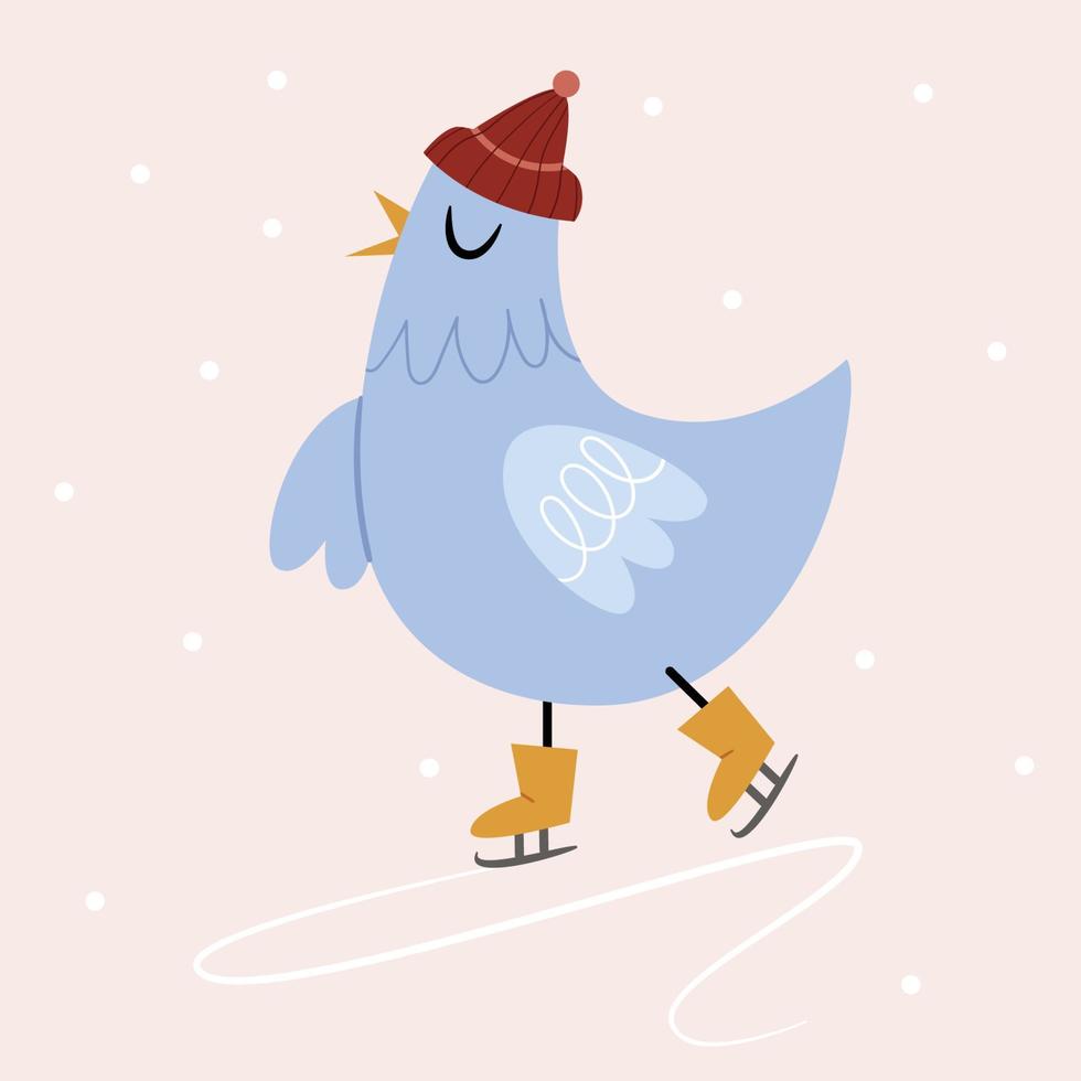 A blue bird in a red cap is skating. Cute Christmas card. Funny character. vector