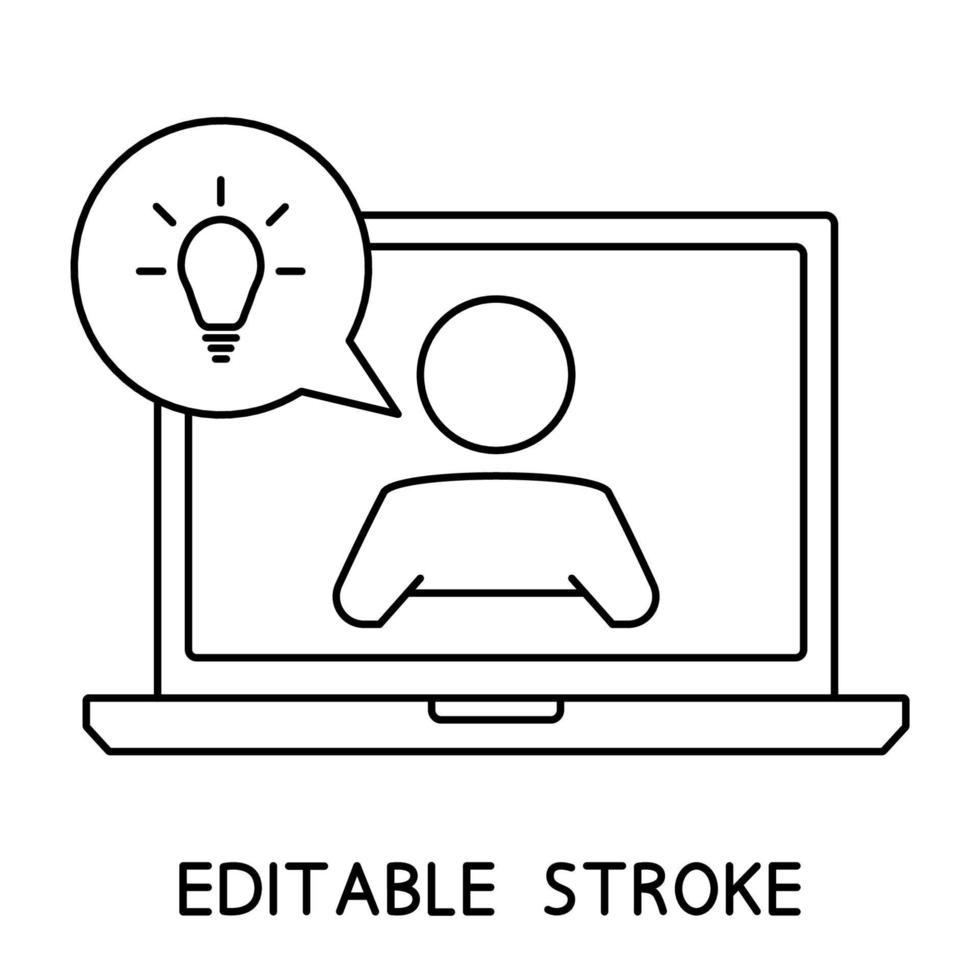 Live webinar icon. Laptop with man and speech bubble. Online communication, chatting. Concept illustration for assistance, call center, virtual help service. Customer support. Quick tip icon vector