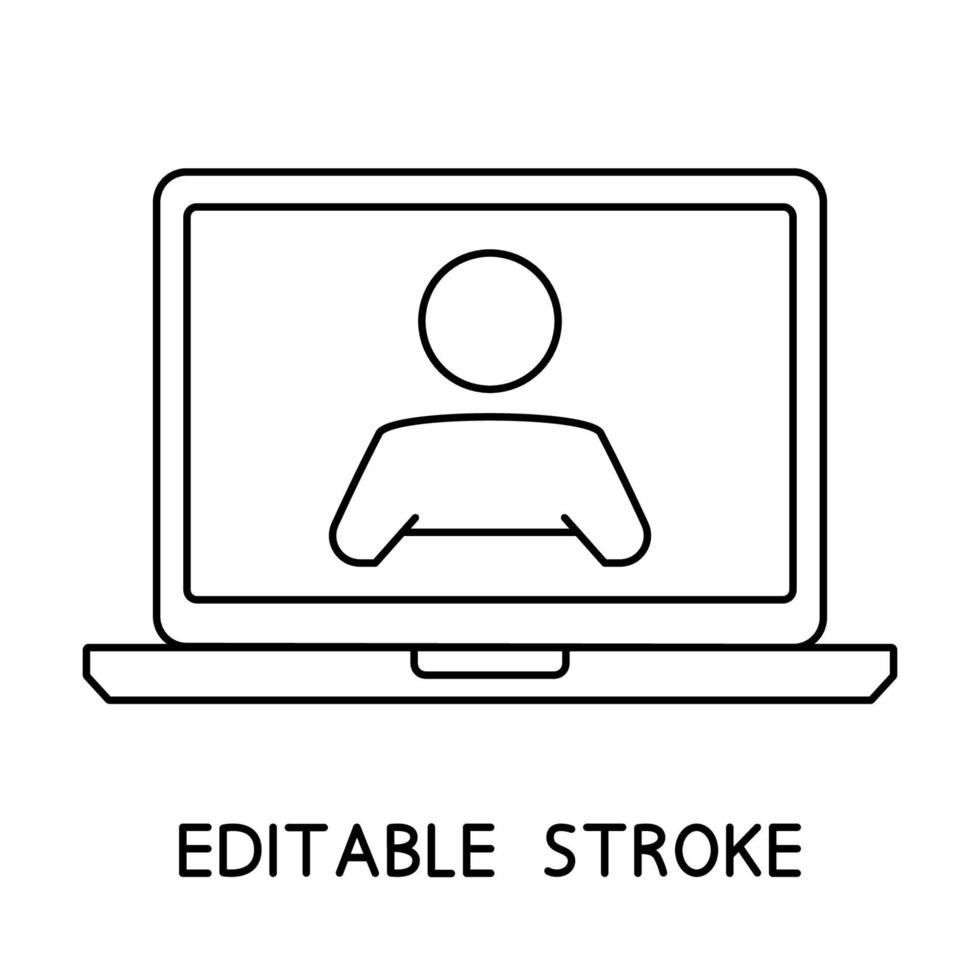 Laptop icon. Thin frame notebook or ultrabook. Simple flat symbol of laptop computer. Perfect black outline pictogram icon with man on the monitor. Editable stroke vector