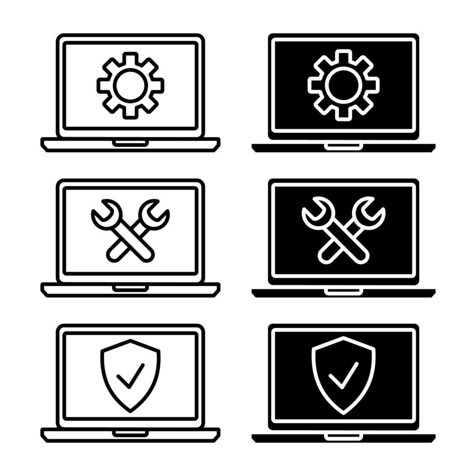 iconos de asistencia técnica. simple símbolo plano de la computadora portátil. monitor de computadora portátil con escudo y símbolo de soporte. servicio de garantía al cliente online. símbolo de soporte externo vector