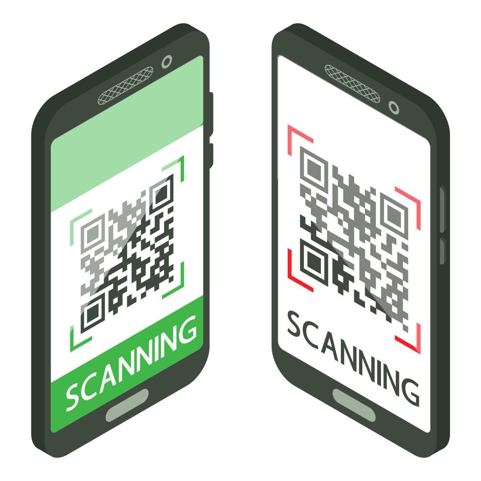 Scan QR code with Mobile phone. Isometric smartphone with QR code on screen. Process scans. Machine-readable barcode on smartphone screen vector