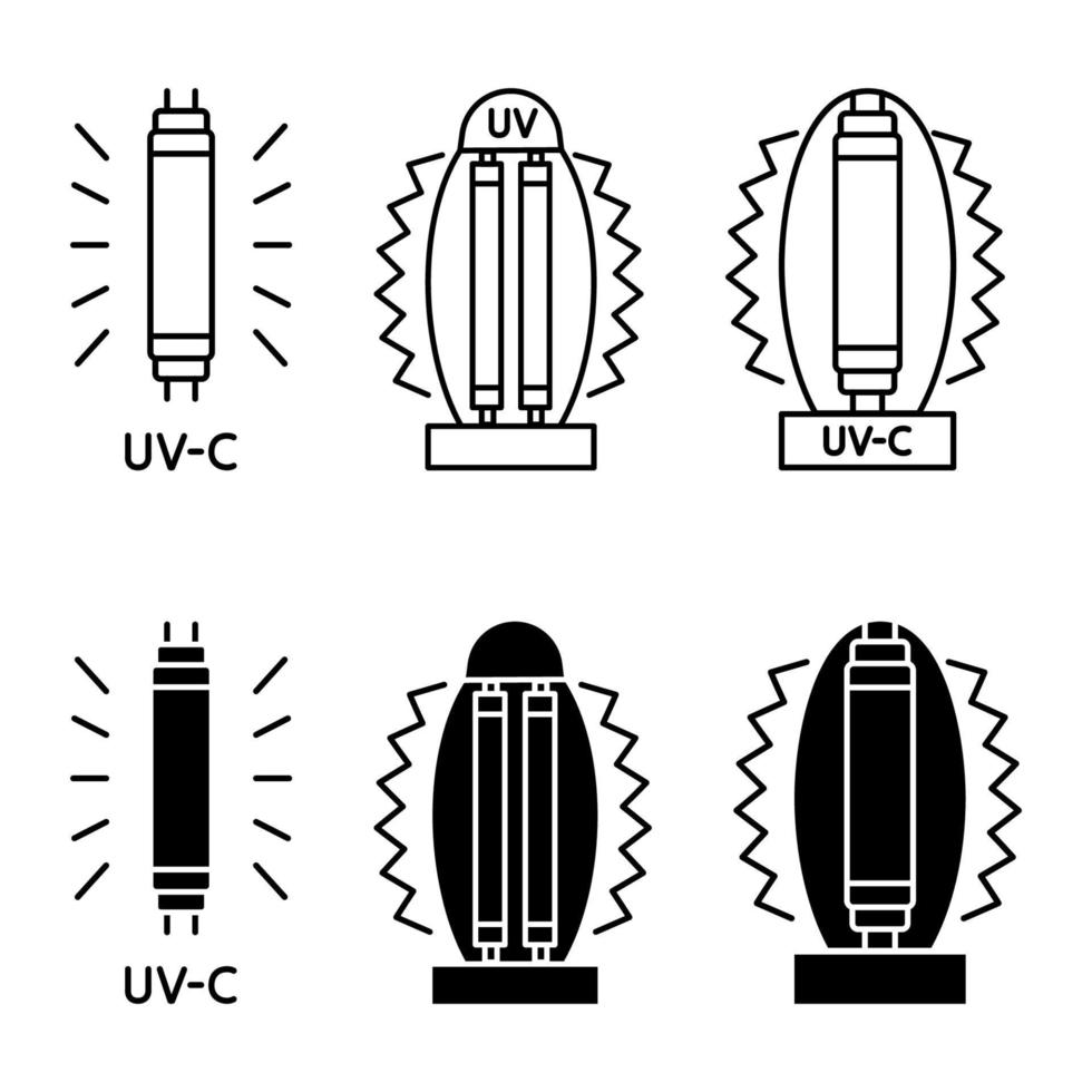 Bactericidal UV lamp. UV-C sterilizer lamp. Device with ultraviolet light. Ultraviolet germicidal irradiation and sterilization. Surface cleaning, medical decontamination procedure. Vector