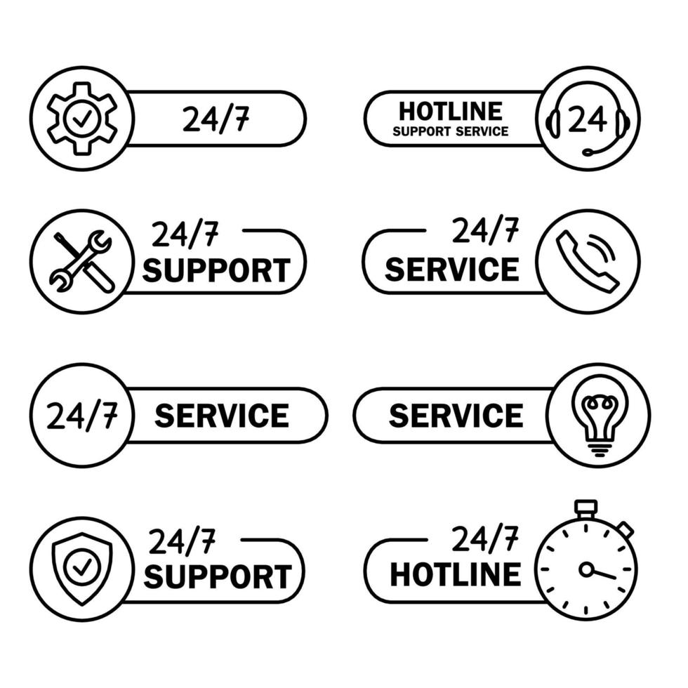 Help and Support hotline icons. Online technical support. Concept illustration for assistance, call center, virtual help service. Concept of consultation. Editable stroke. Online assistant vector